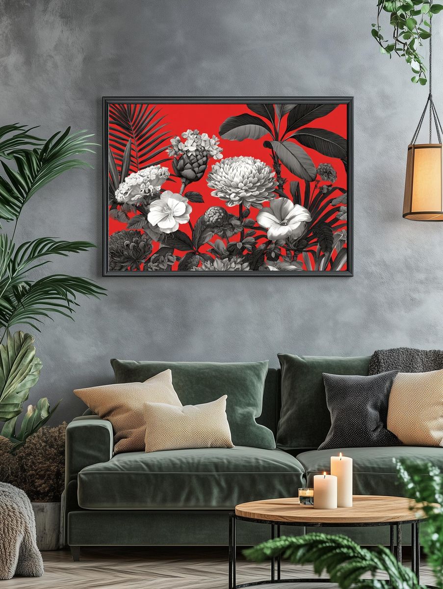 Tropical Floral Red Botanical Print. — room view 4
