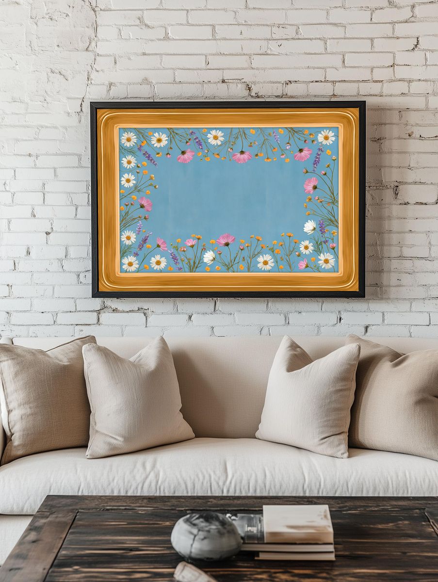 Floral Border Blue Botanical Print. room preview