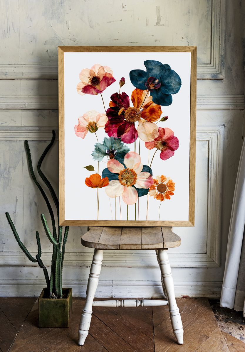 Pressed Poppy Bouquet Botanical Print. room preview