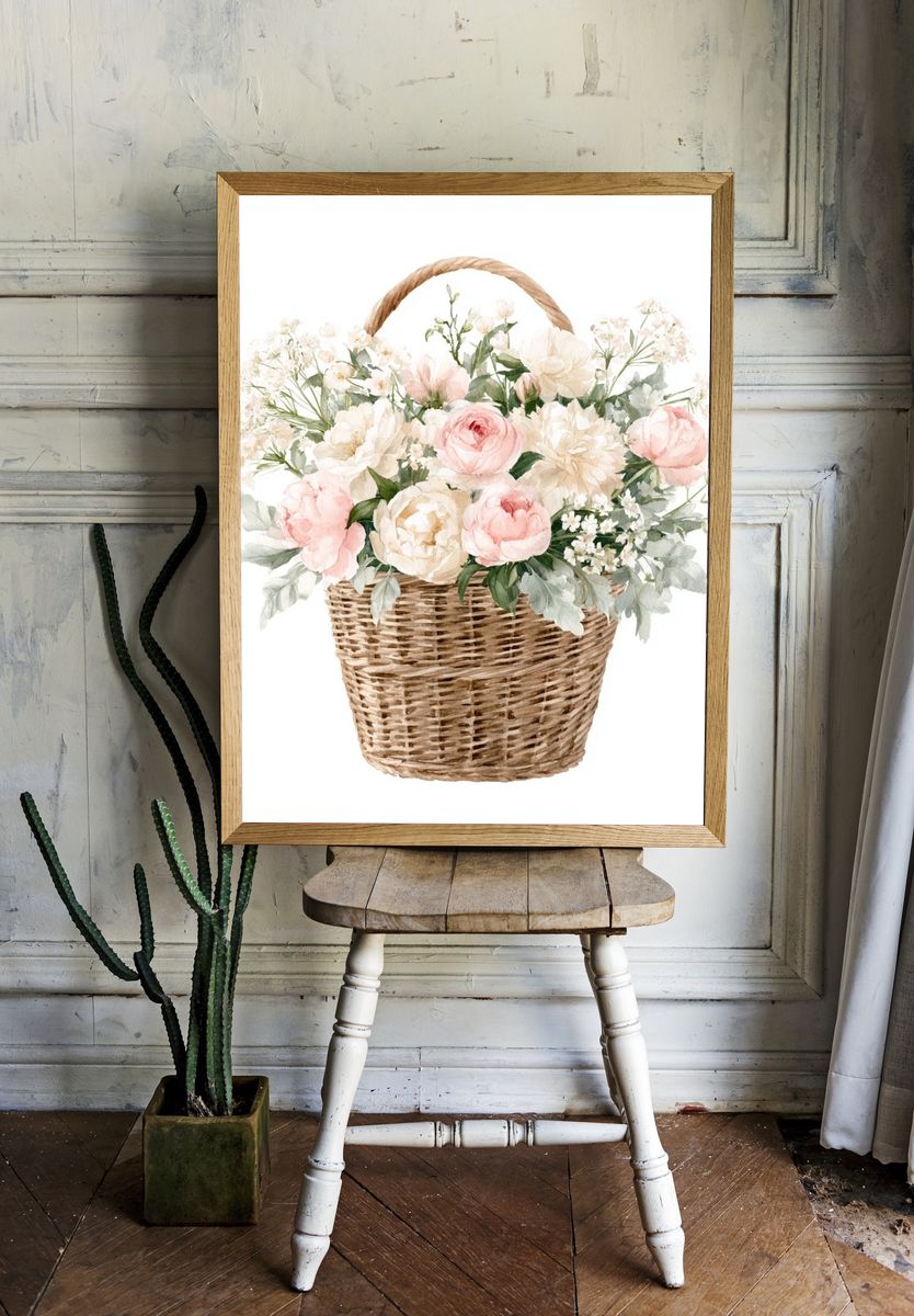 Pastel Flower Basket Botanical Print. room preview