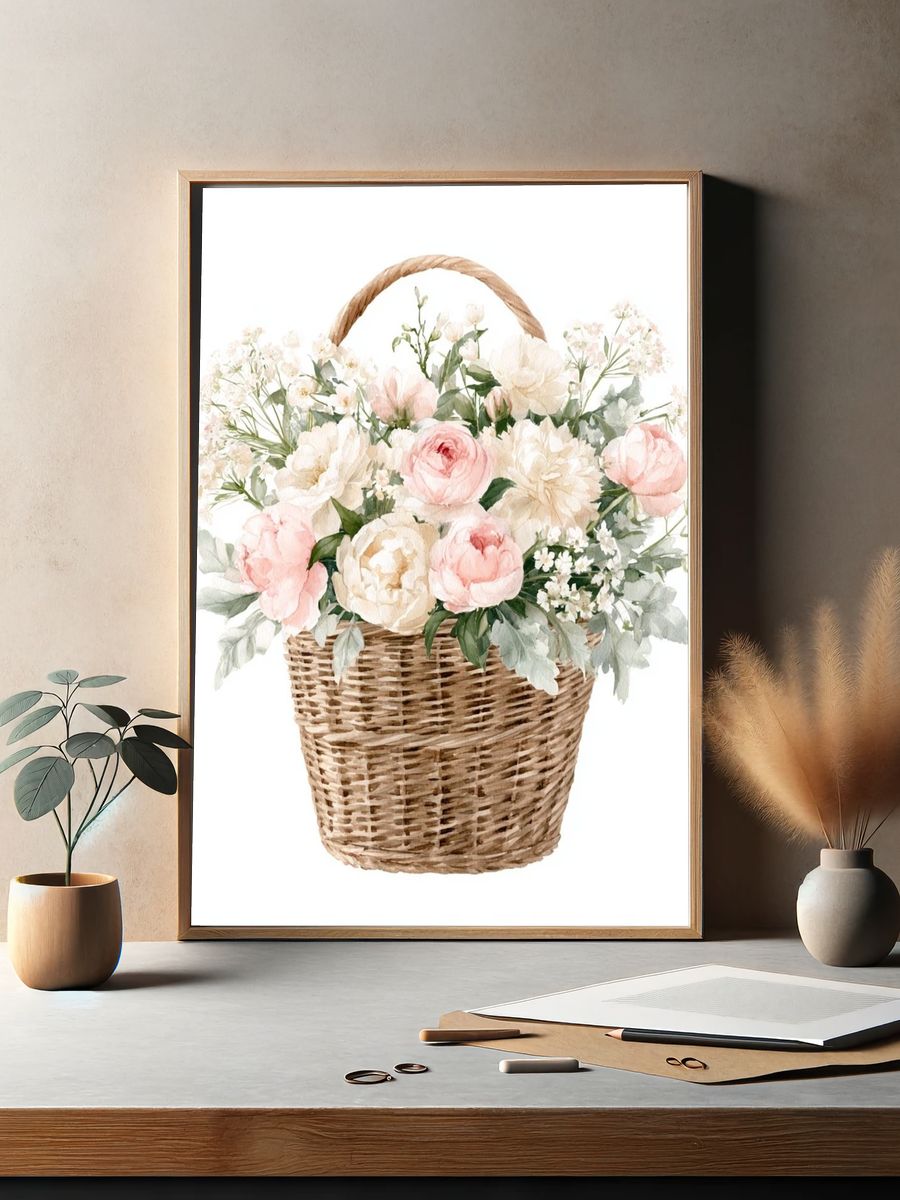 Pastel Flower Basket Botanical Print. — room view 2