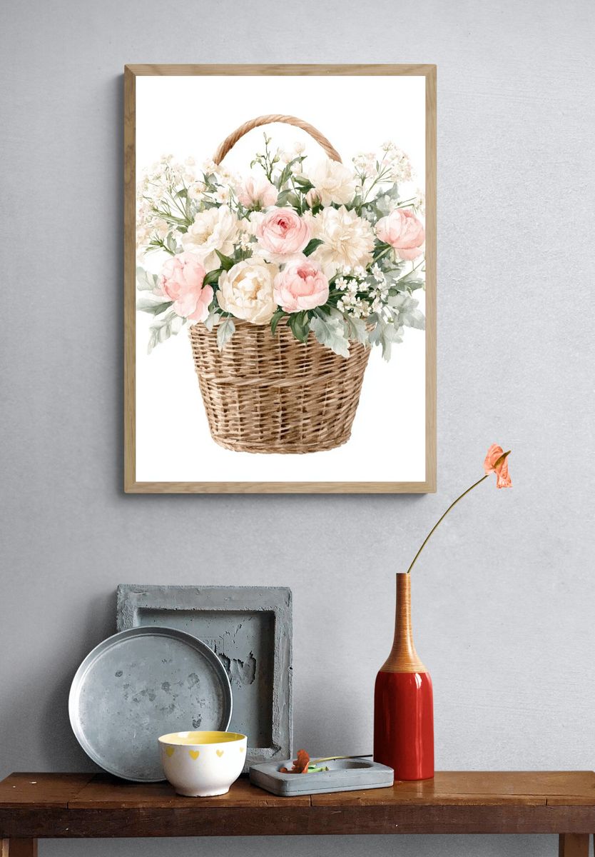 Pastel Flower Basket Botanical Print. — room view 3