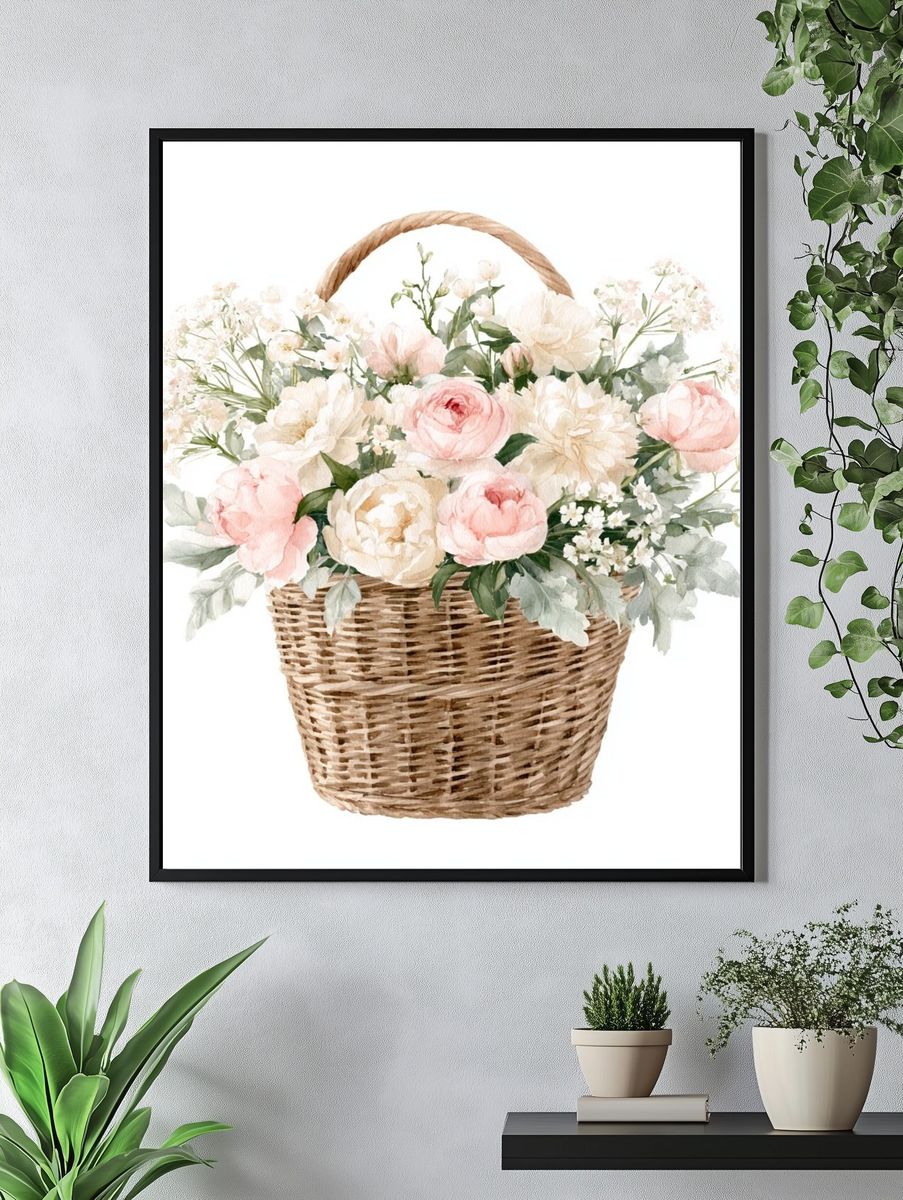 Pastel Flower Basket Botanical Print. — room view 4