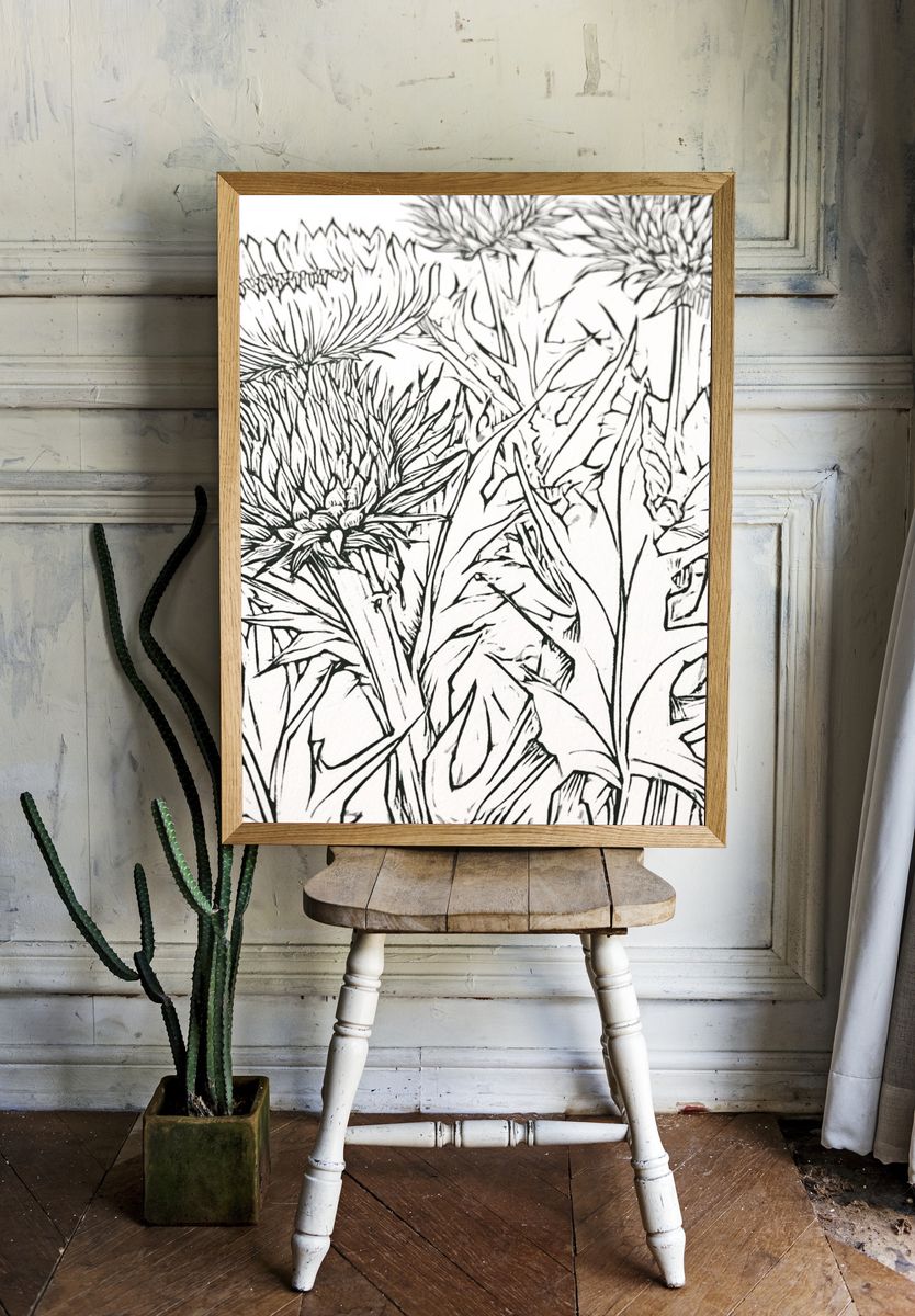 Thistle Bloom Line Art Poster. room preview