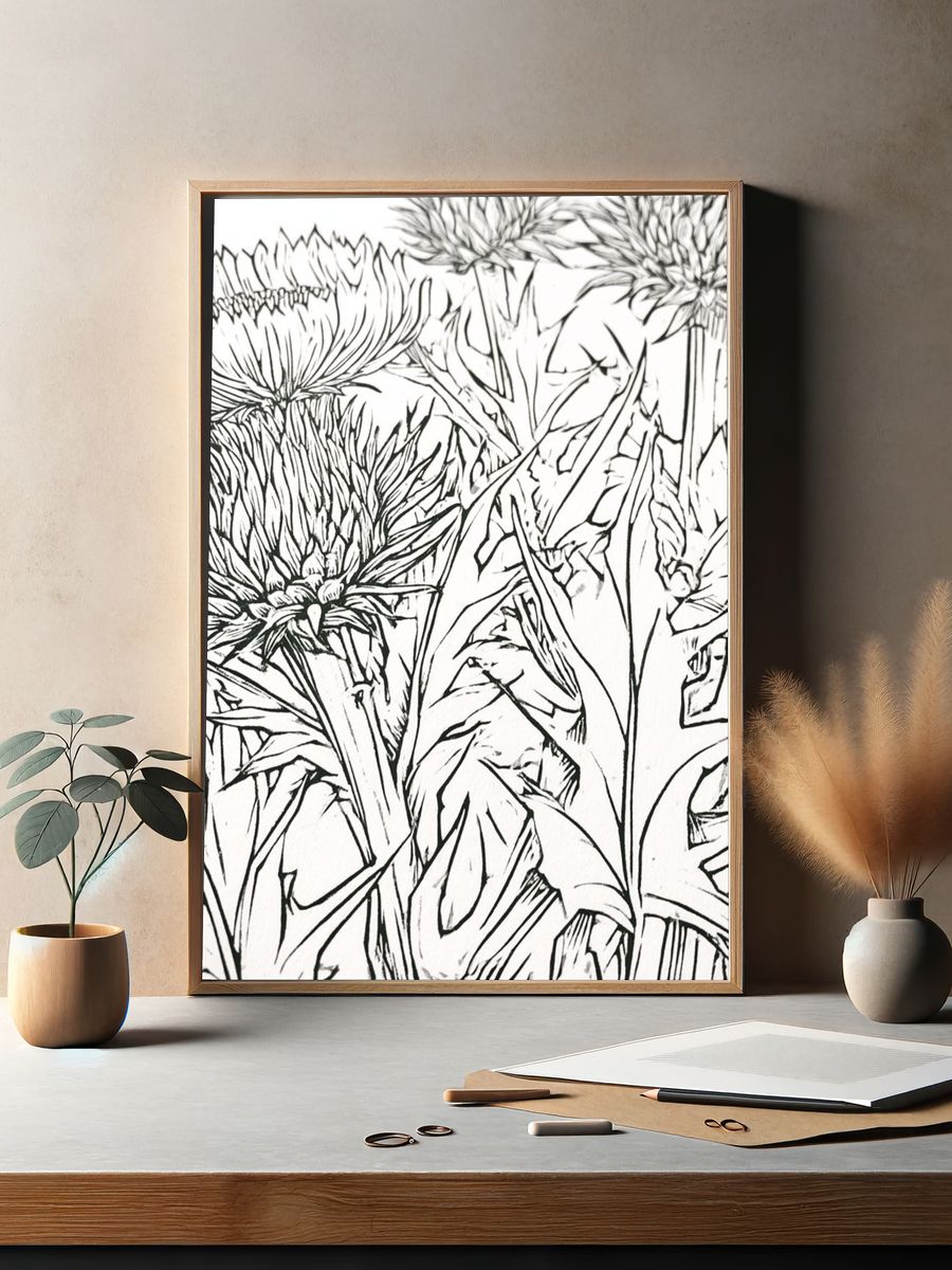 Thistle Bloom Line Art Poster. — room view 2