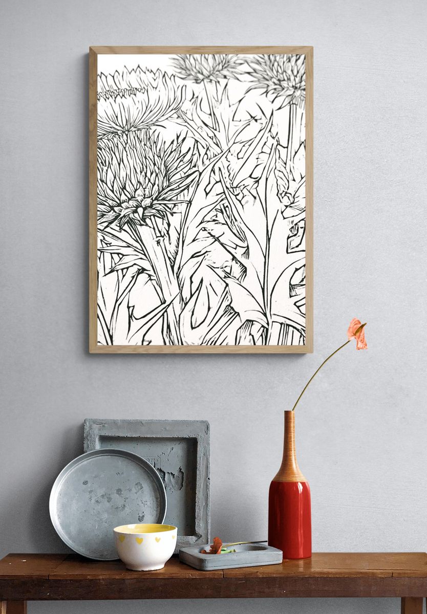 Thistle Bloom Line Art Poster. — room view 3
