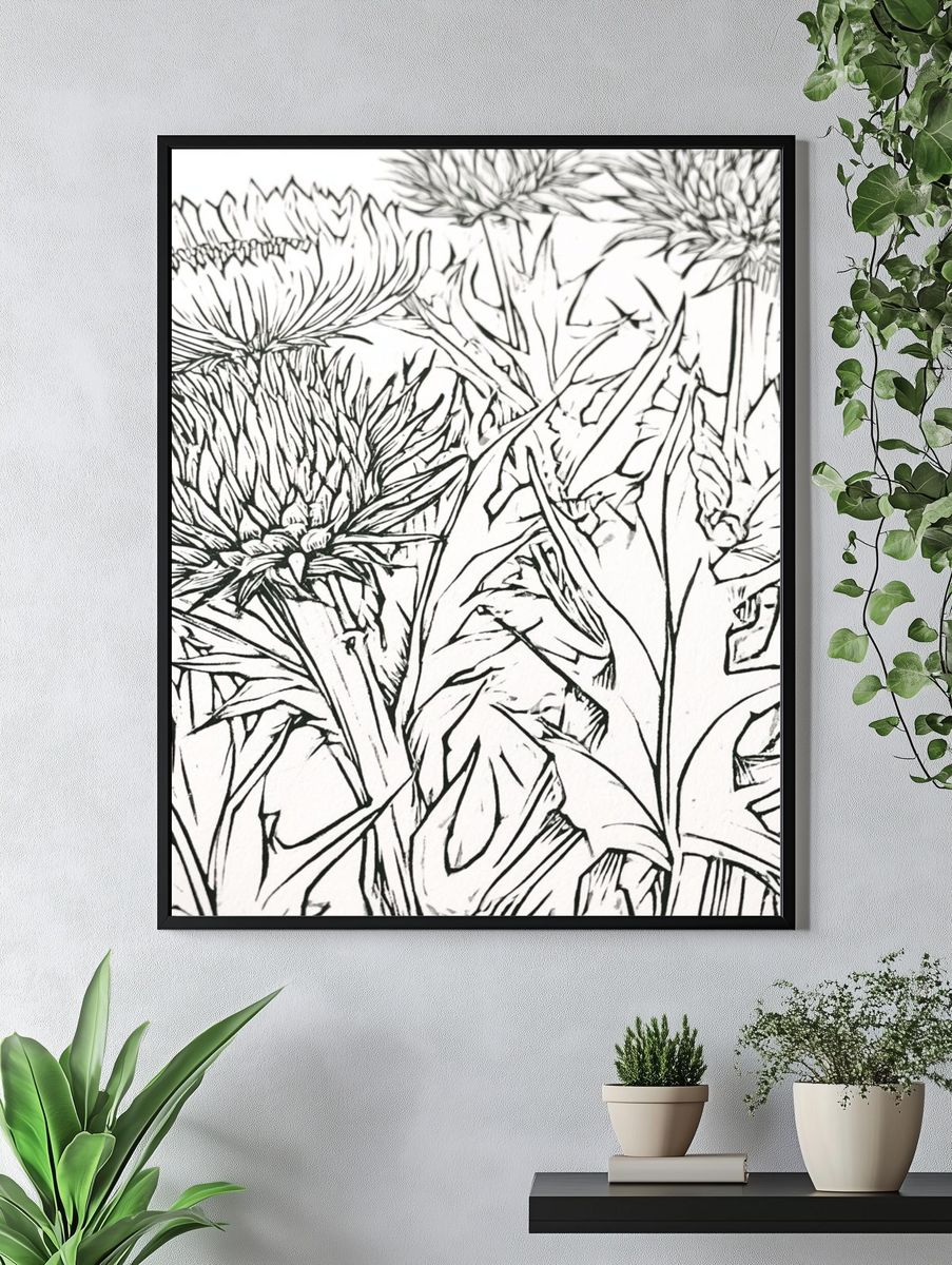 Thistle Bloom Line Art Poster. — room view 4