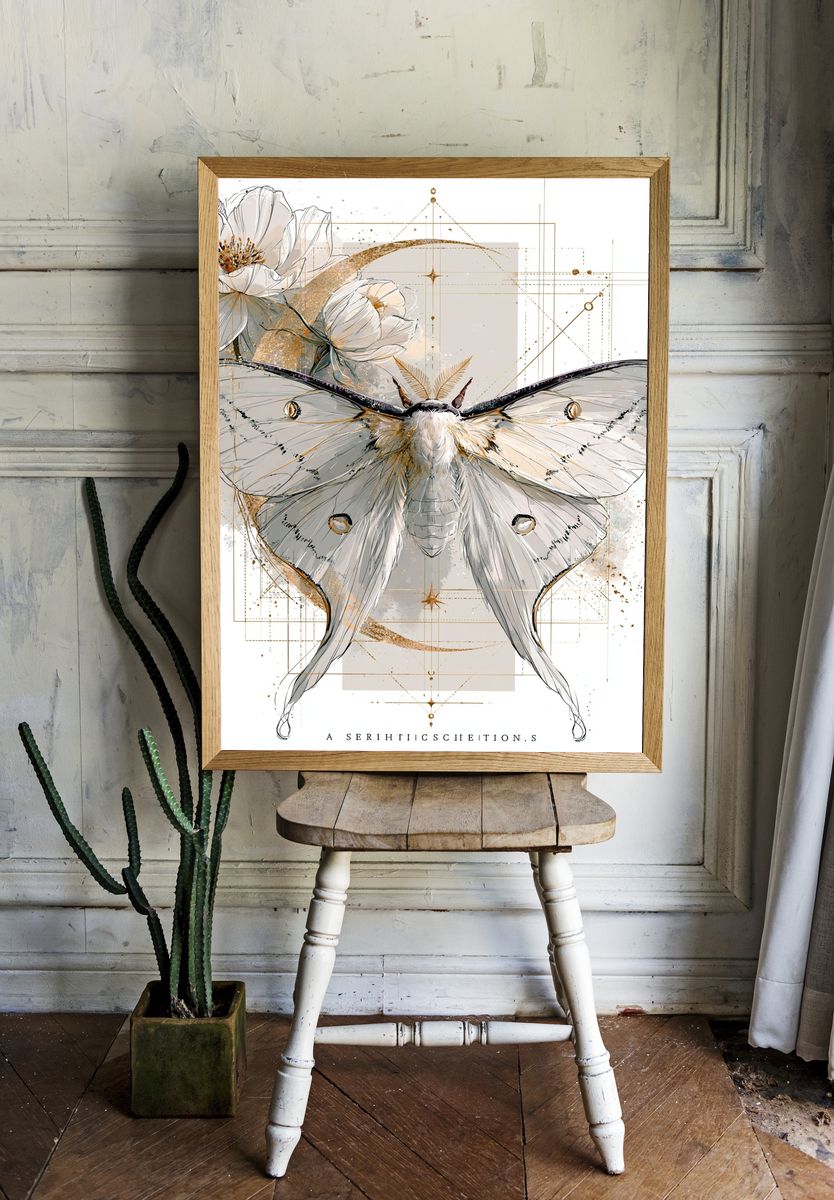 Moth and Blossom Botanical Print. — room view 1