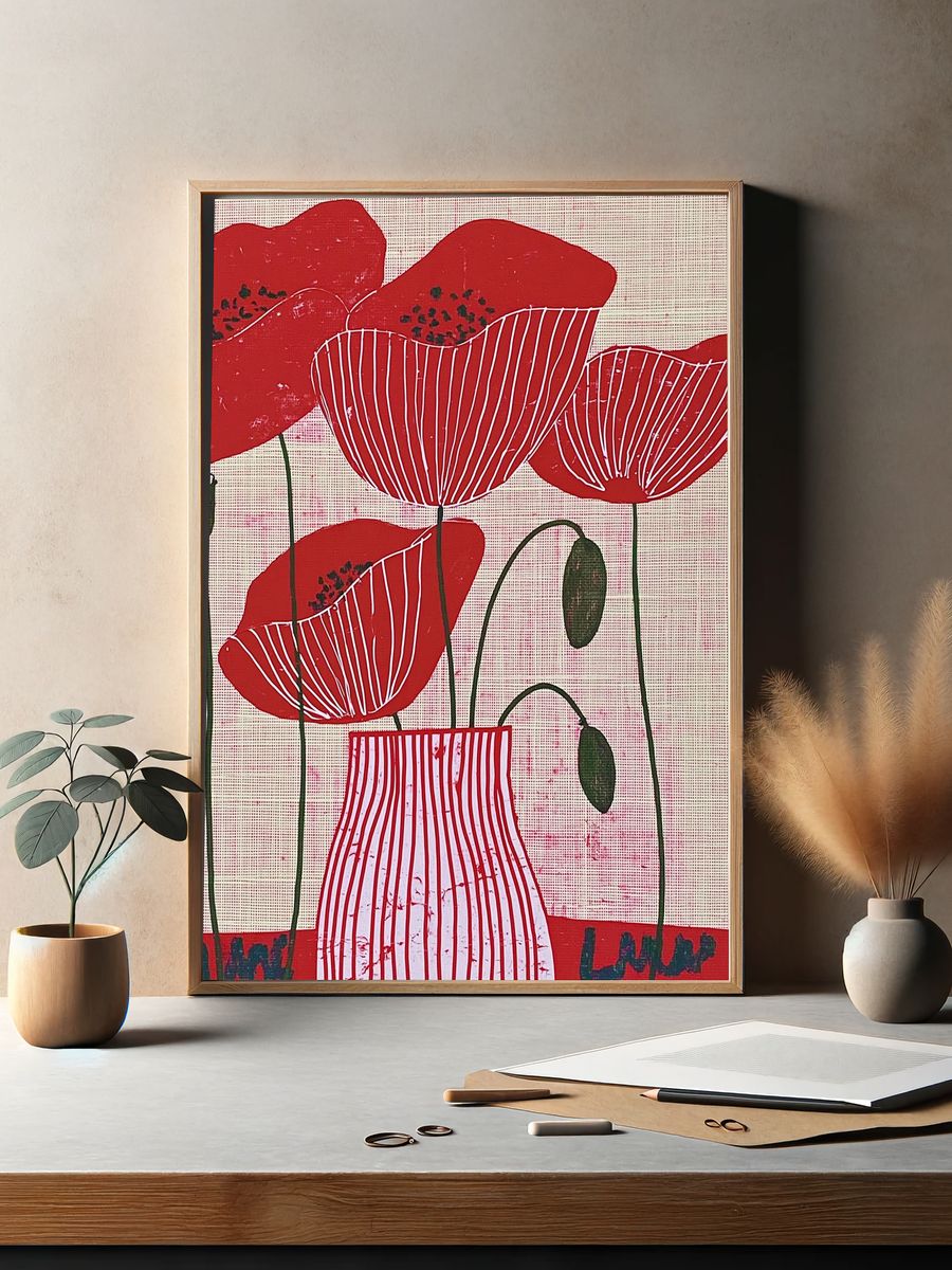 Red Poppy Field Illustration Poster. — room view 2