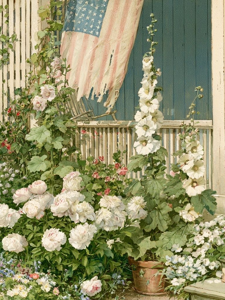 Cottage Garden with American Flag Poster. poster detail