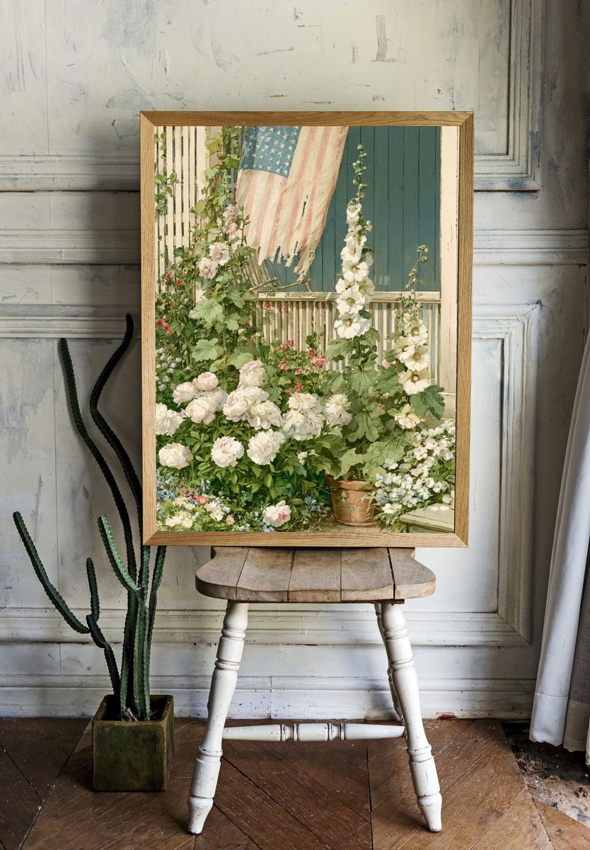 Cottage Garden with American Flag Poster. room preview