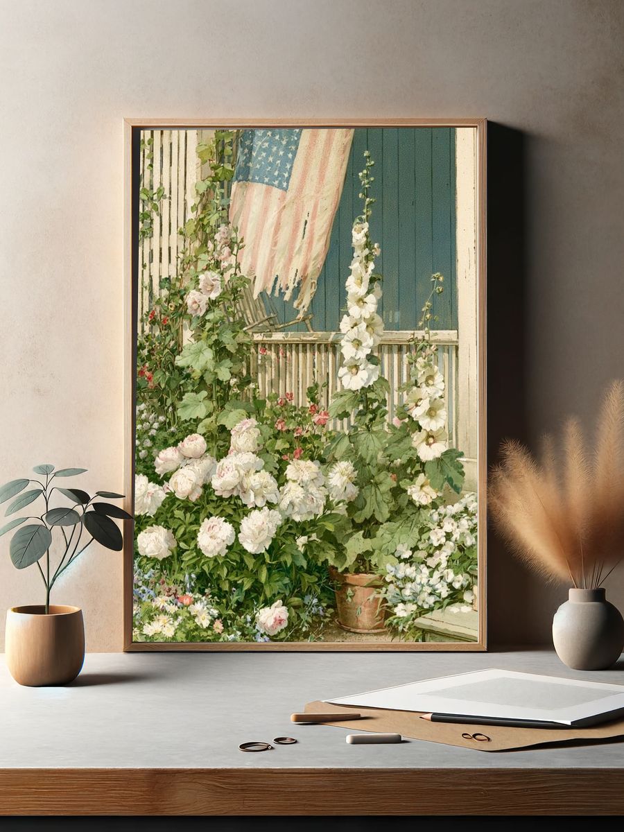 Cottage Garden with American Flag Poster. — room view 2