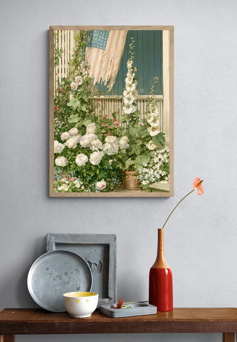 Cottage Garden with American Flag Poster. — room view 3