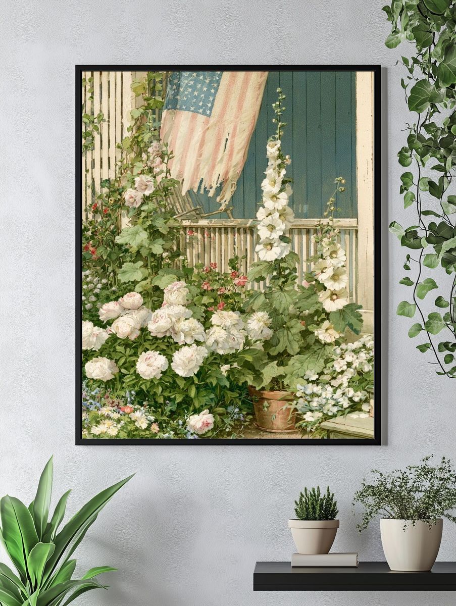 Cottage Garden with American Flag Poster. — room view 4