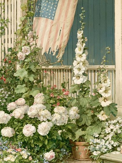 Cottage Garden with American Flag Poster.