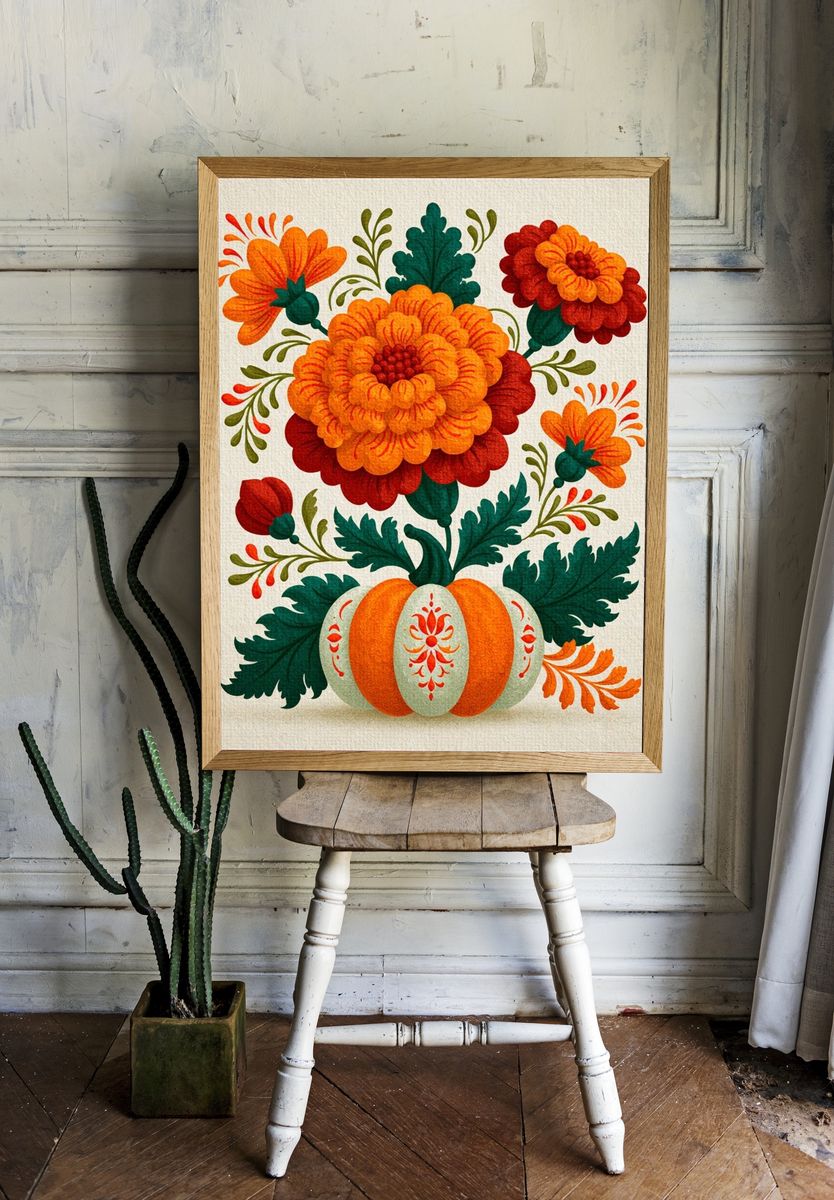 Floral Pumpkin Folk Art Poster. room preview