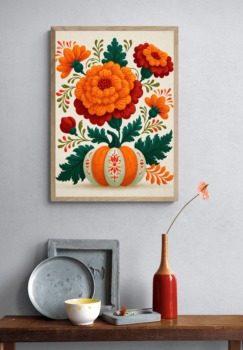 Floral Pumpkin Folk Art Poster. — room view 3