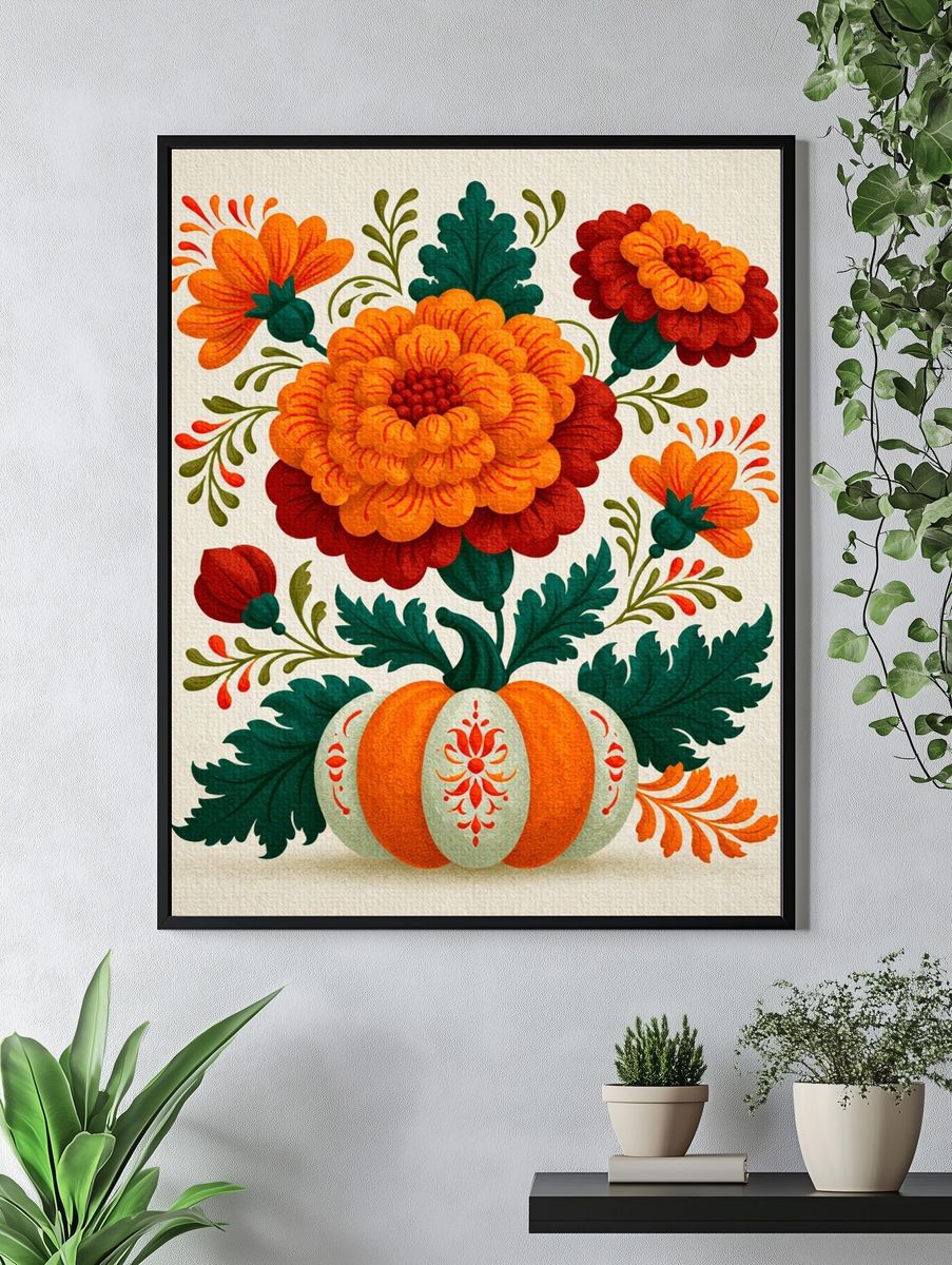 Floral Pumpkin Folk Art Poster. — room view 4