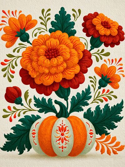 Floral Pumpkin Folk Art Poster.