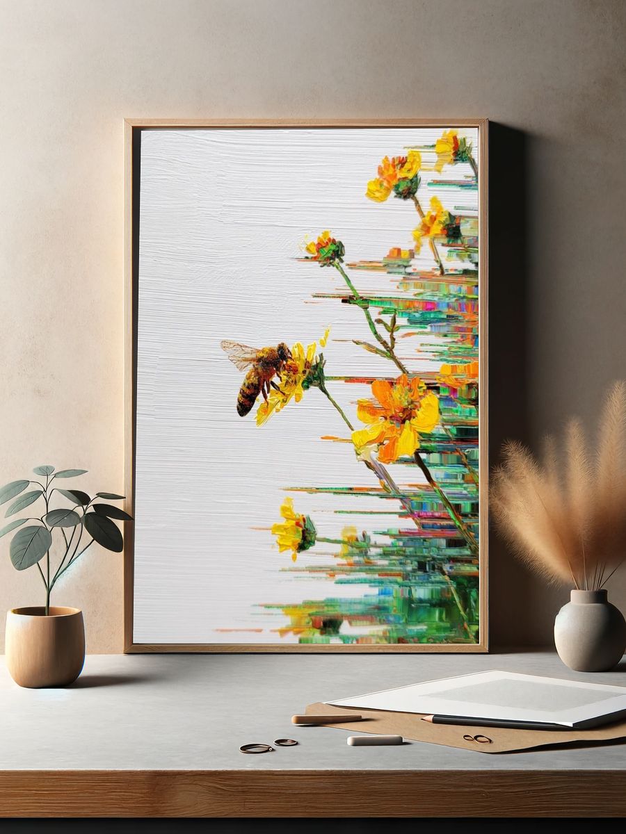 Bee and Wildflowers Illustration Poster. — room view 2