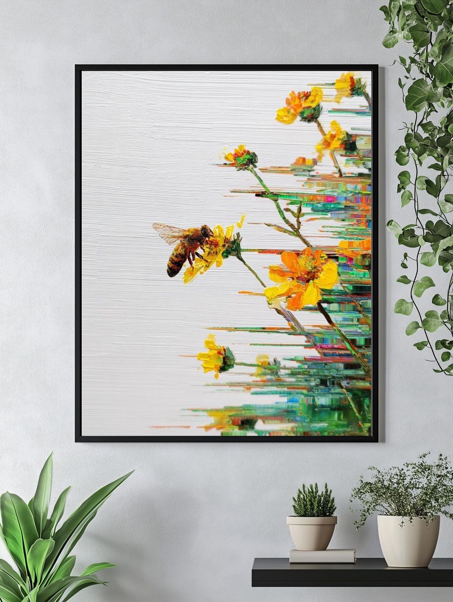 Bee and Wildflowers Illustration Poster. — room view 4