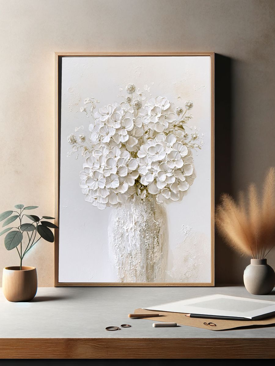 White Floral Bouquet — Textured Print. — room view 2