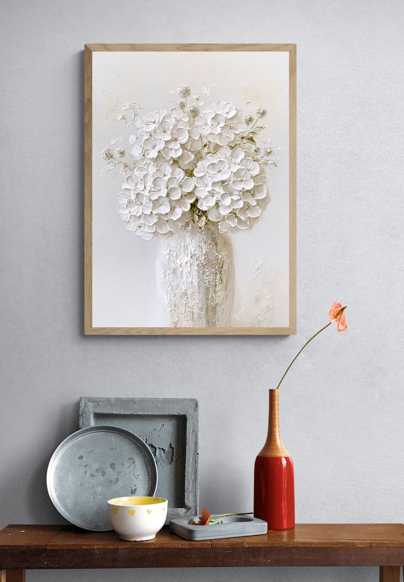 White Floral Bouquet — Textured Print. — room view 3