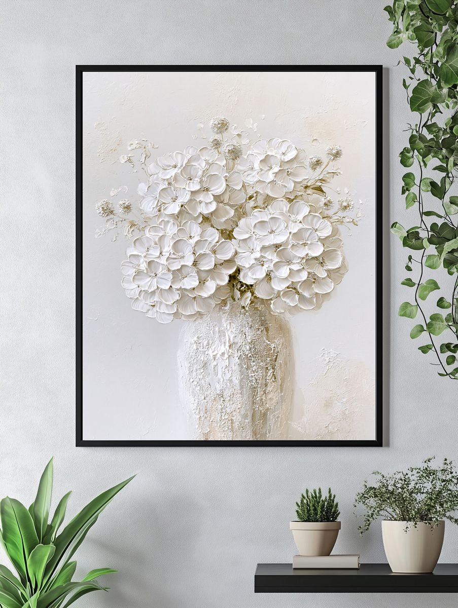 White Floral Bouquet — Textured Print. — room view 4