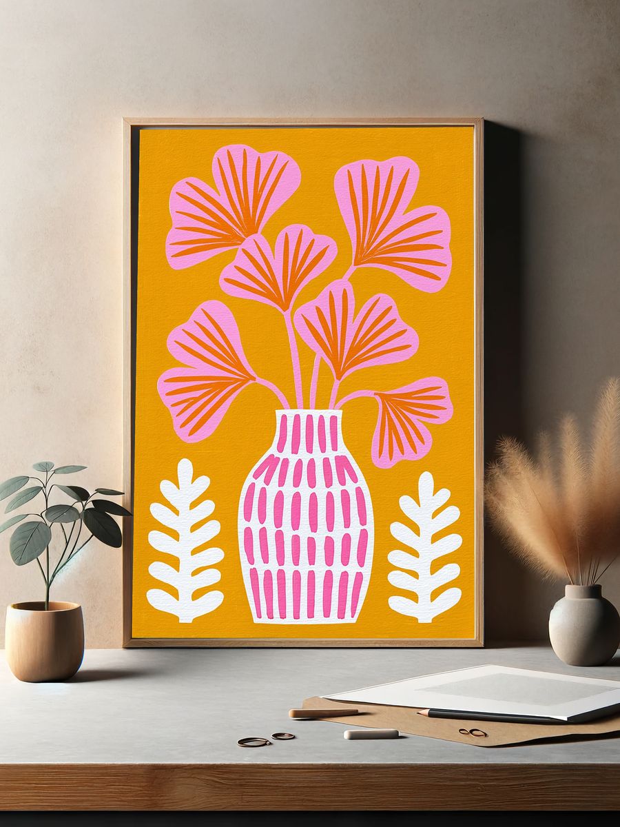 Pink Floral Vase Illustration Poster. — room view 2