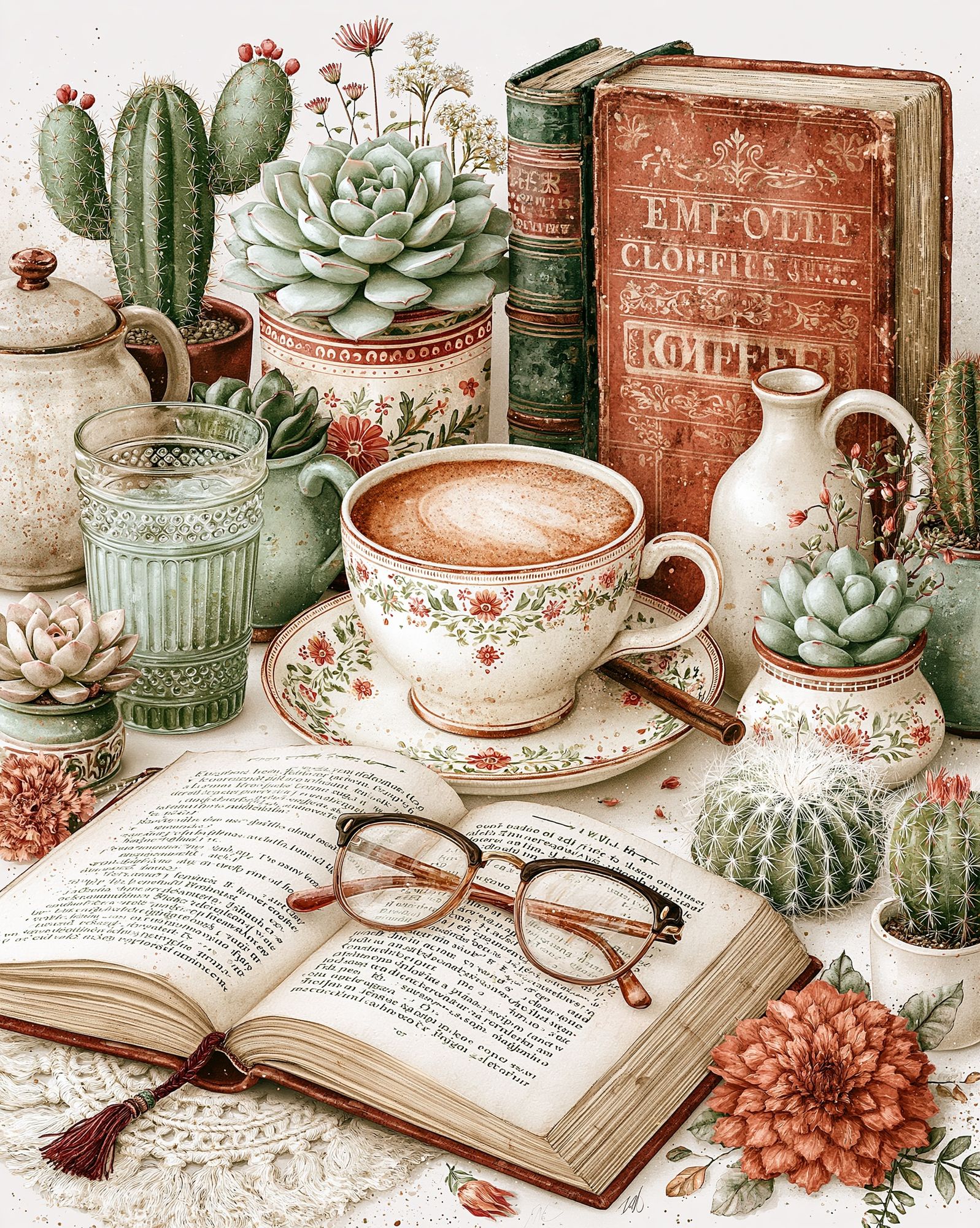 Vintage Coffee and Cactus Still Life Poster. poster detail