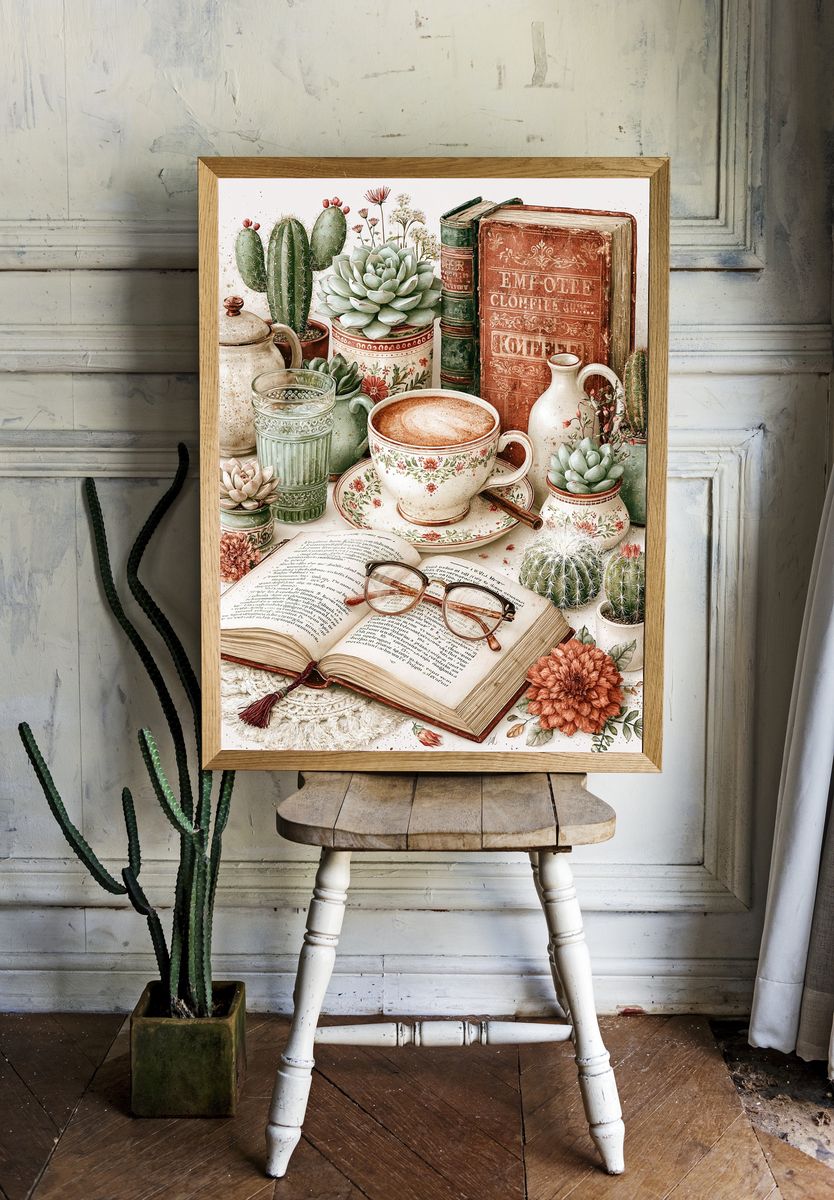 Vintage Coffee and Cactus Still Life Poster. room preview