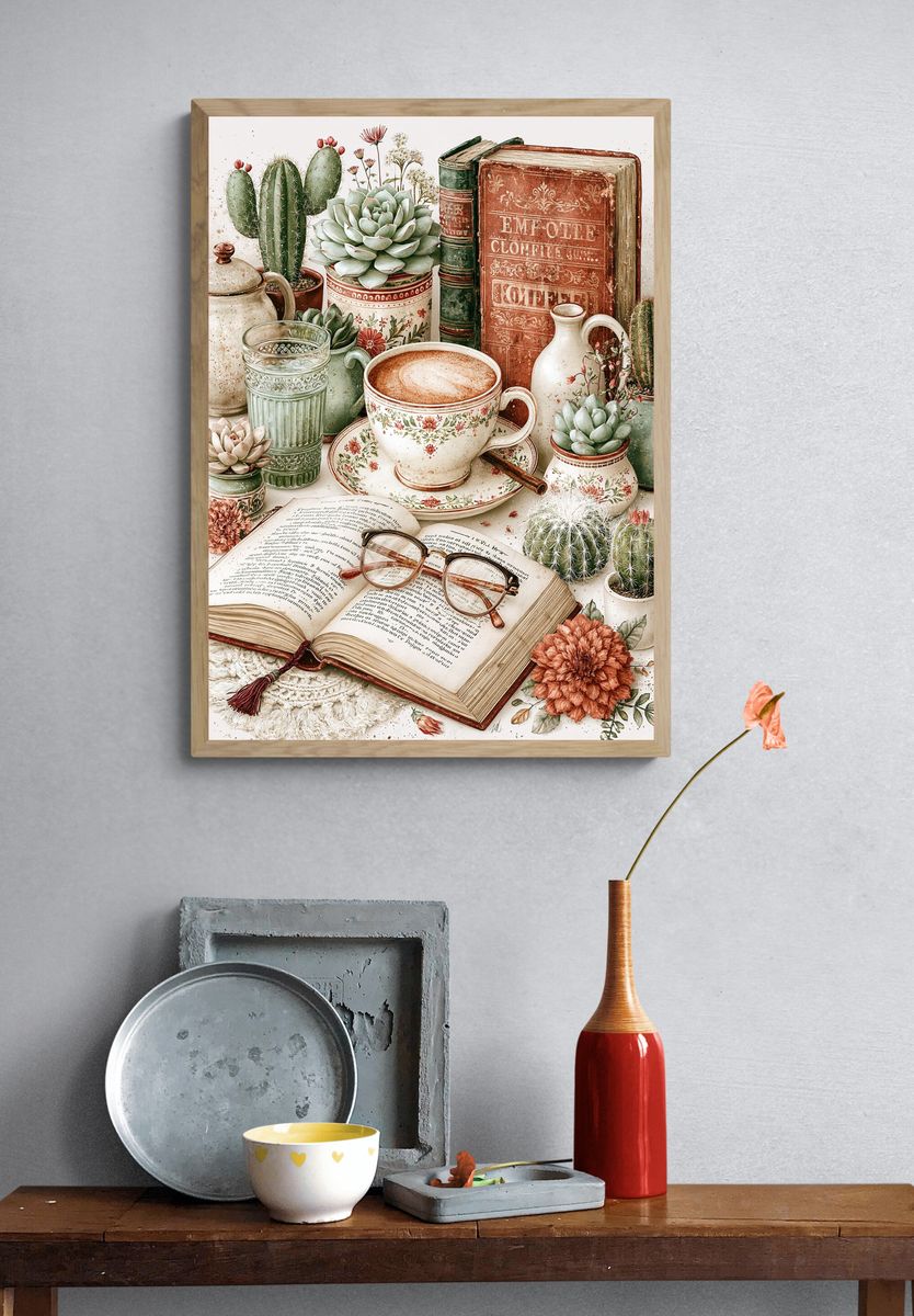 Vintage Coffee and Cactus Still Life Poster. — room view 3