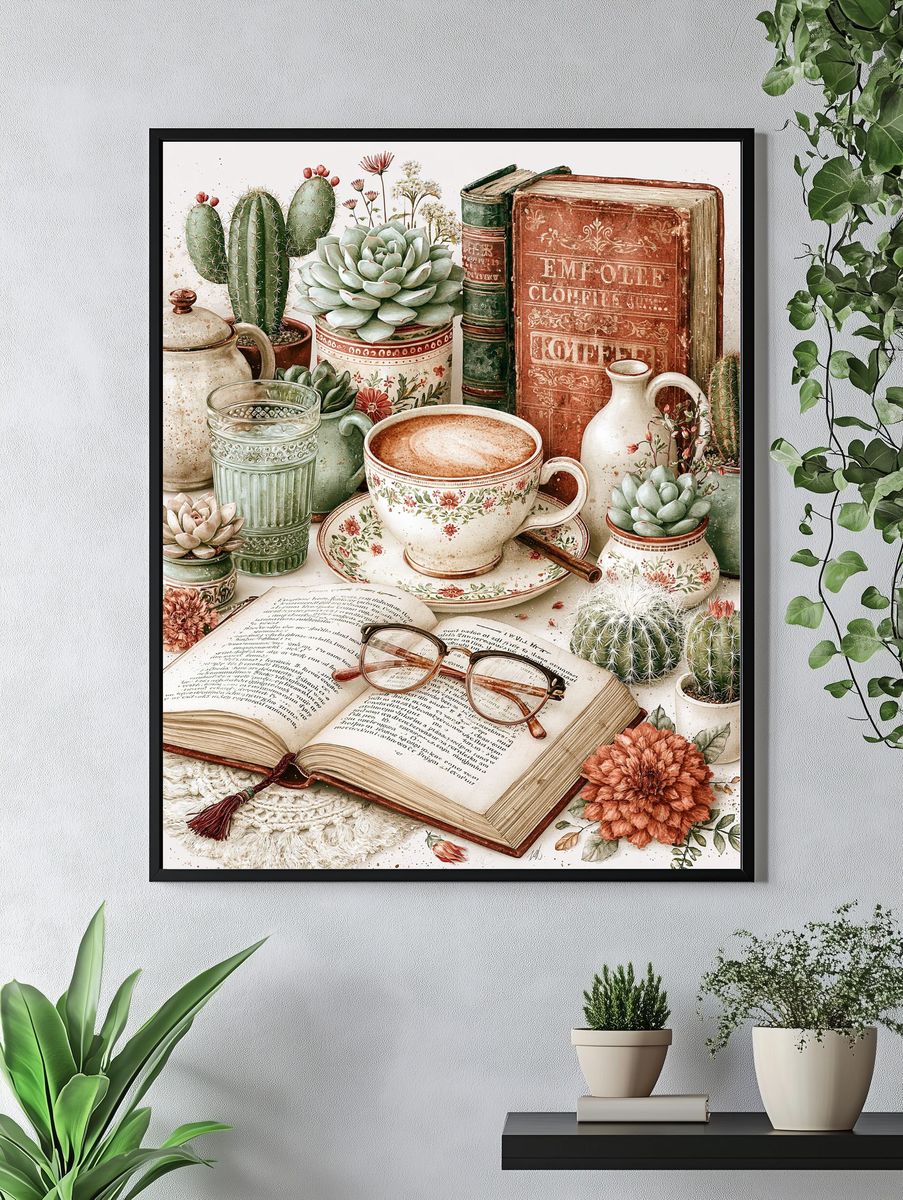 Vintage Coffee and Cactus Still Life Poster. — room view 4