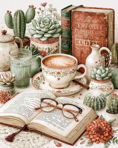 Vintage Coffee and Cactus Still Life Poster. poster