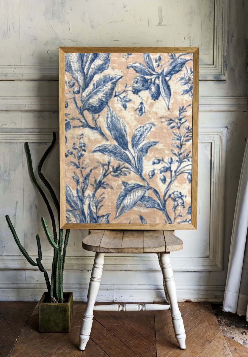 Blue Botanical Toile Print. room preview