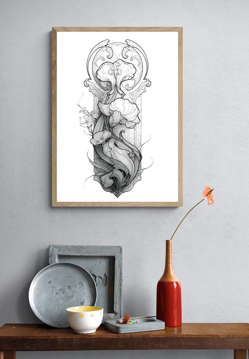 Ornamental Floral Line Art Poster. — room view 3