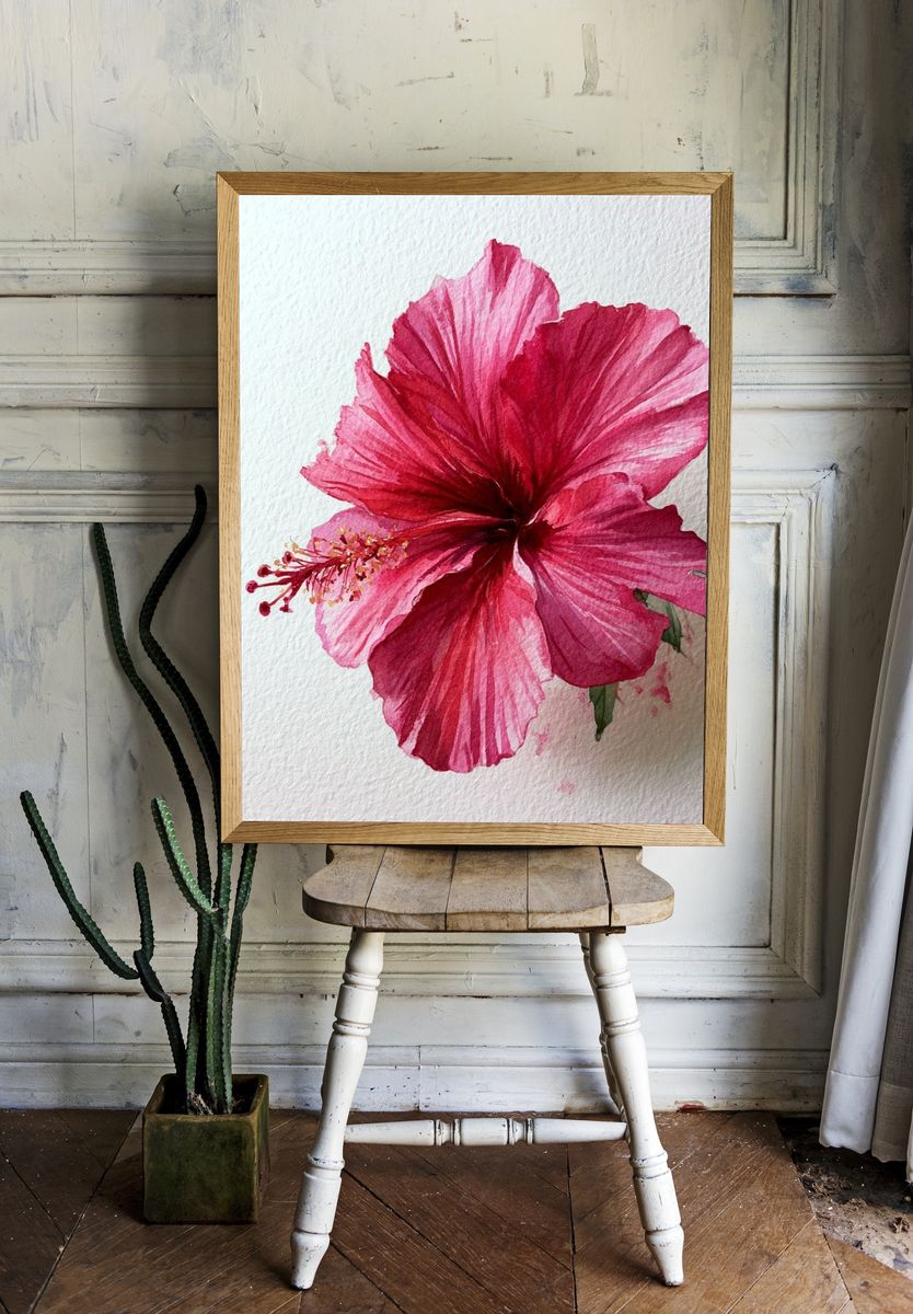Pink Hibiscus Watercolor Poster. — room view 1