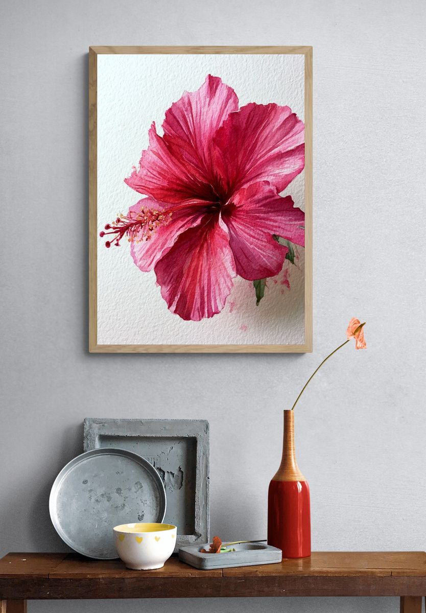 Pink Hibiscus Watercolor Poster. — room view 3