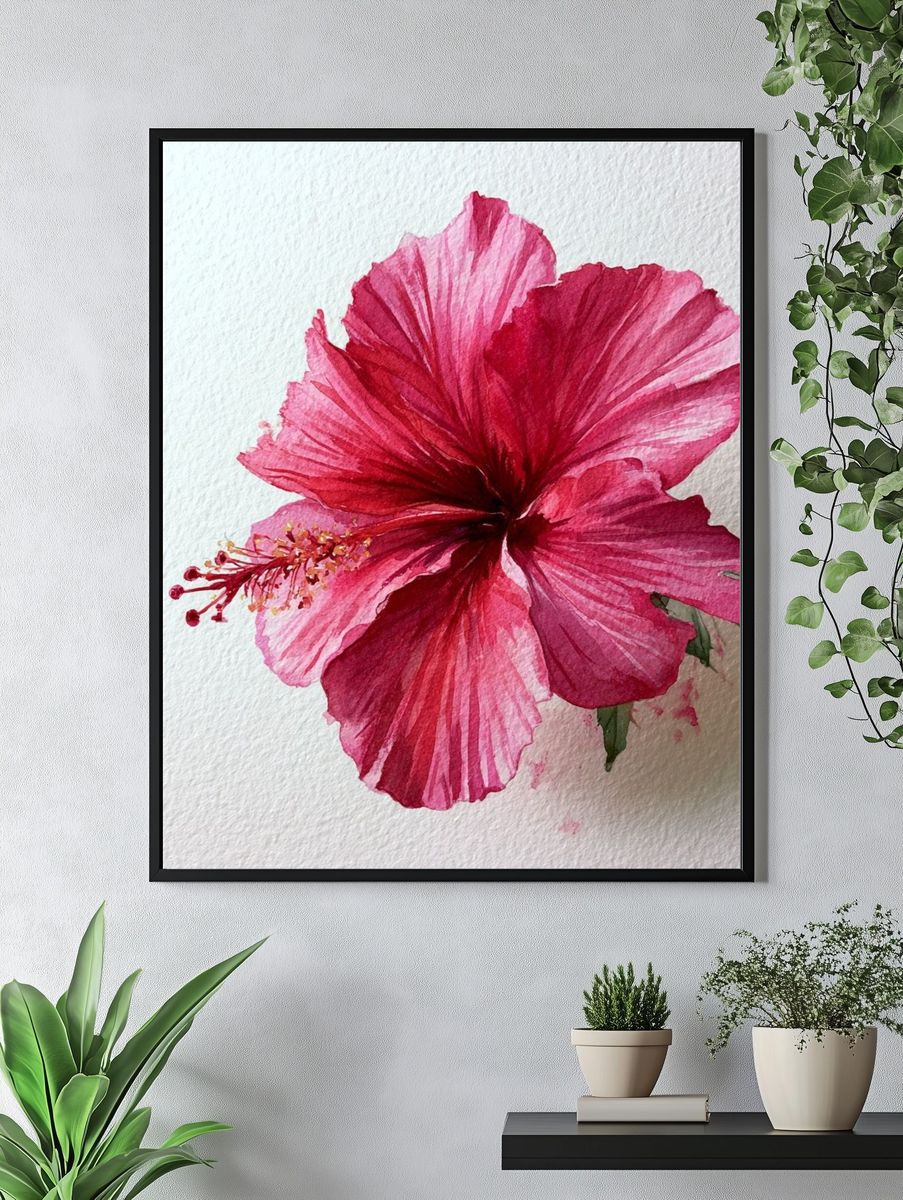 Pink Hibiscus Watercolor Poster. — room view 4