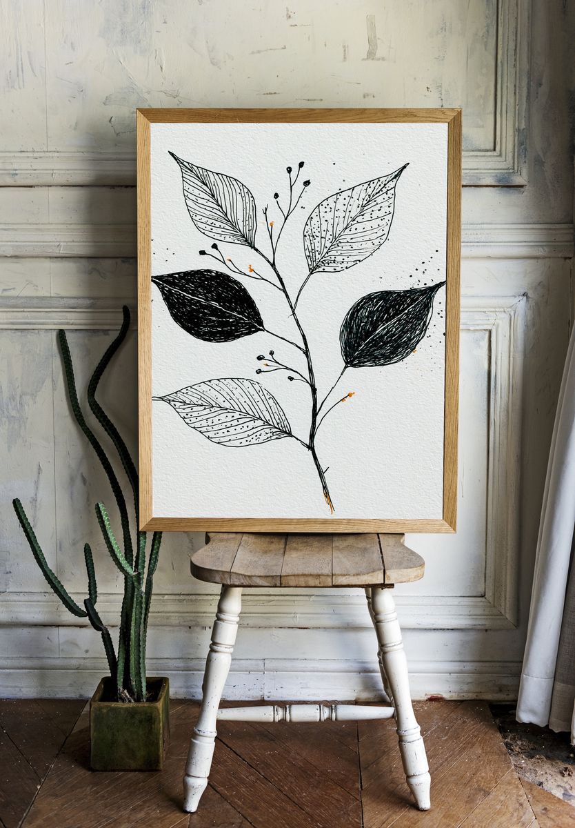 Botanical Ink Leaves Print. room preview