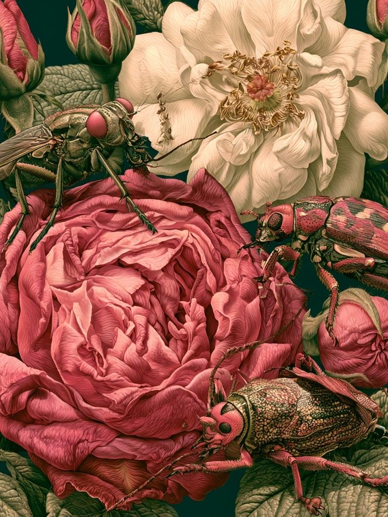 Roses and Beetles Botanical Print. poster — botanical art
