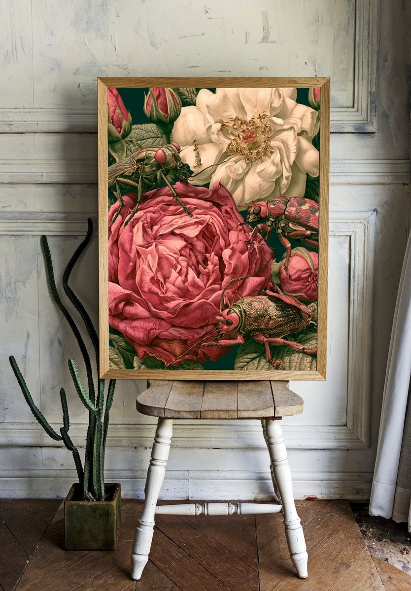 Roses and Beetles Botanical Print. room preview