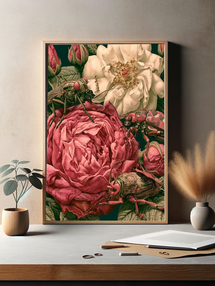 Roses and Beetles Botanical Print. — room view 2