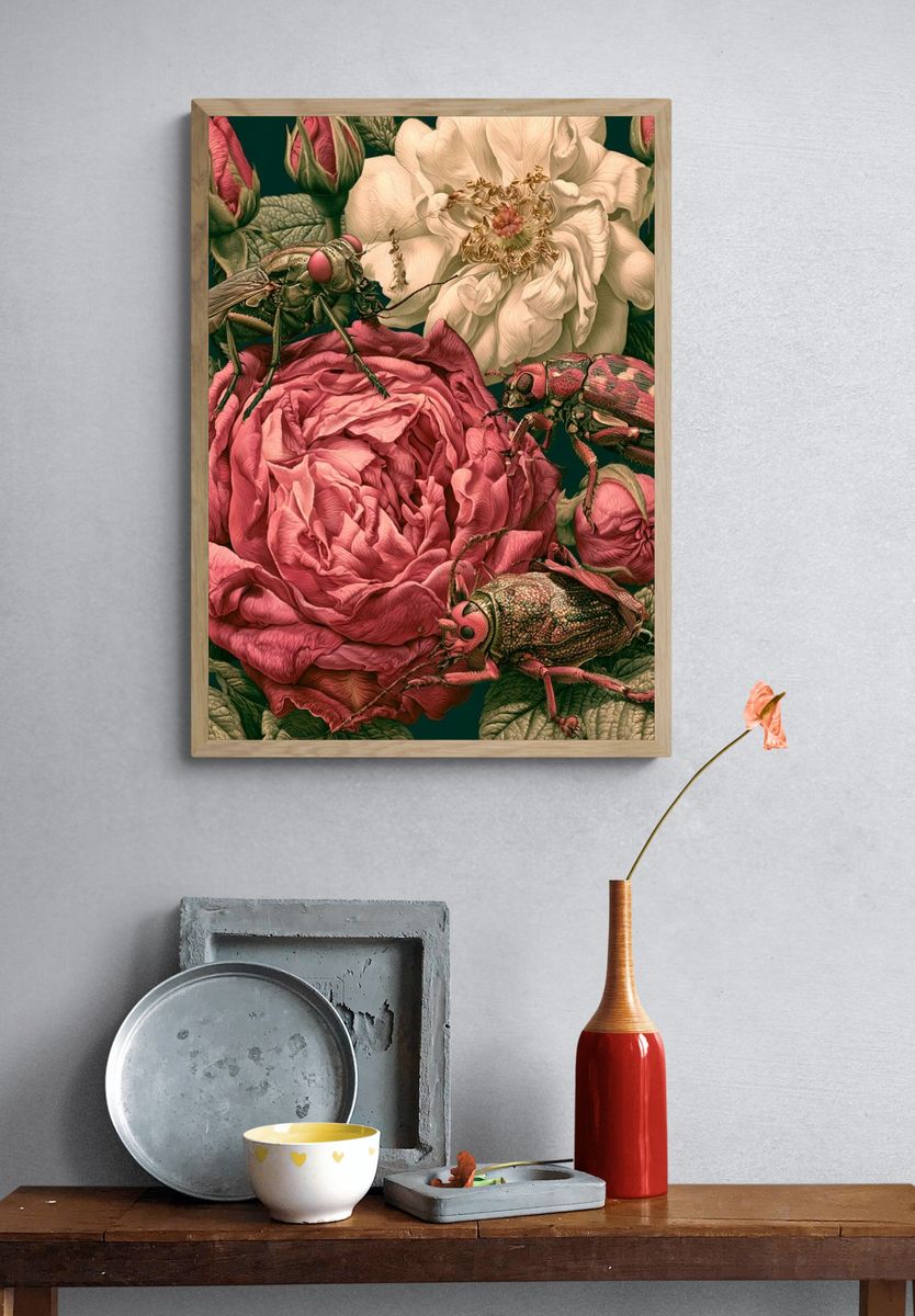 Roses and Beetles Botanical Print. — room view 3