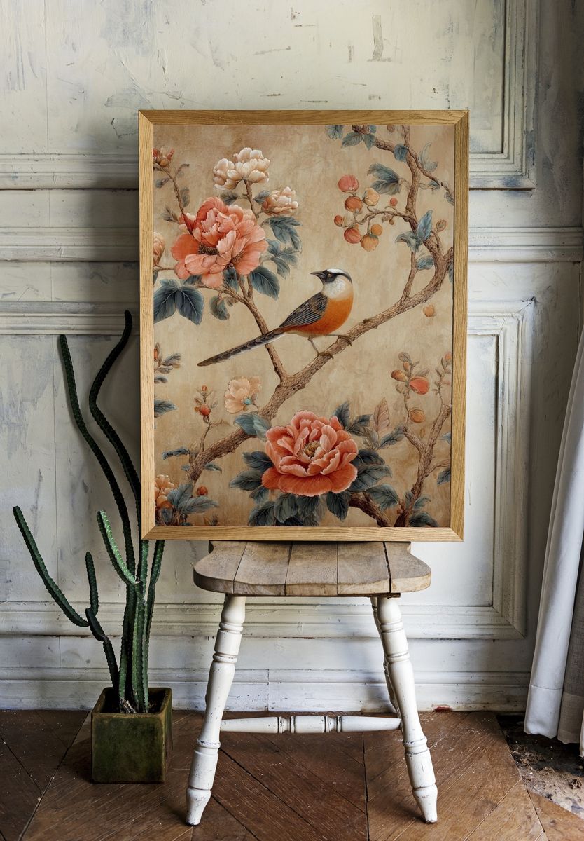 Bird and Peonies Botanical Print. — room view 1