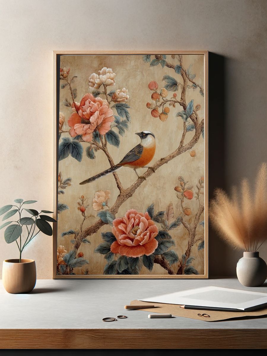 Bird and Peonies Botanical Print. — room view 2