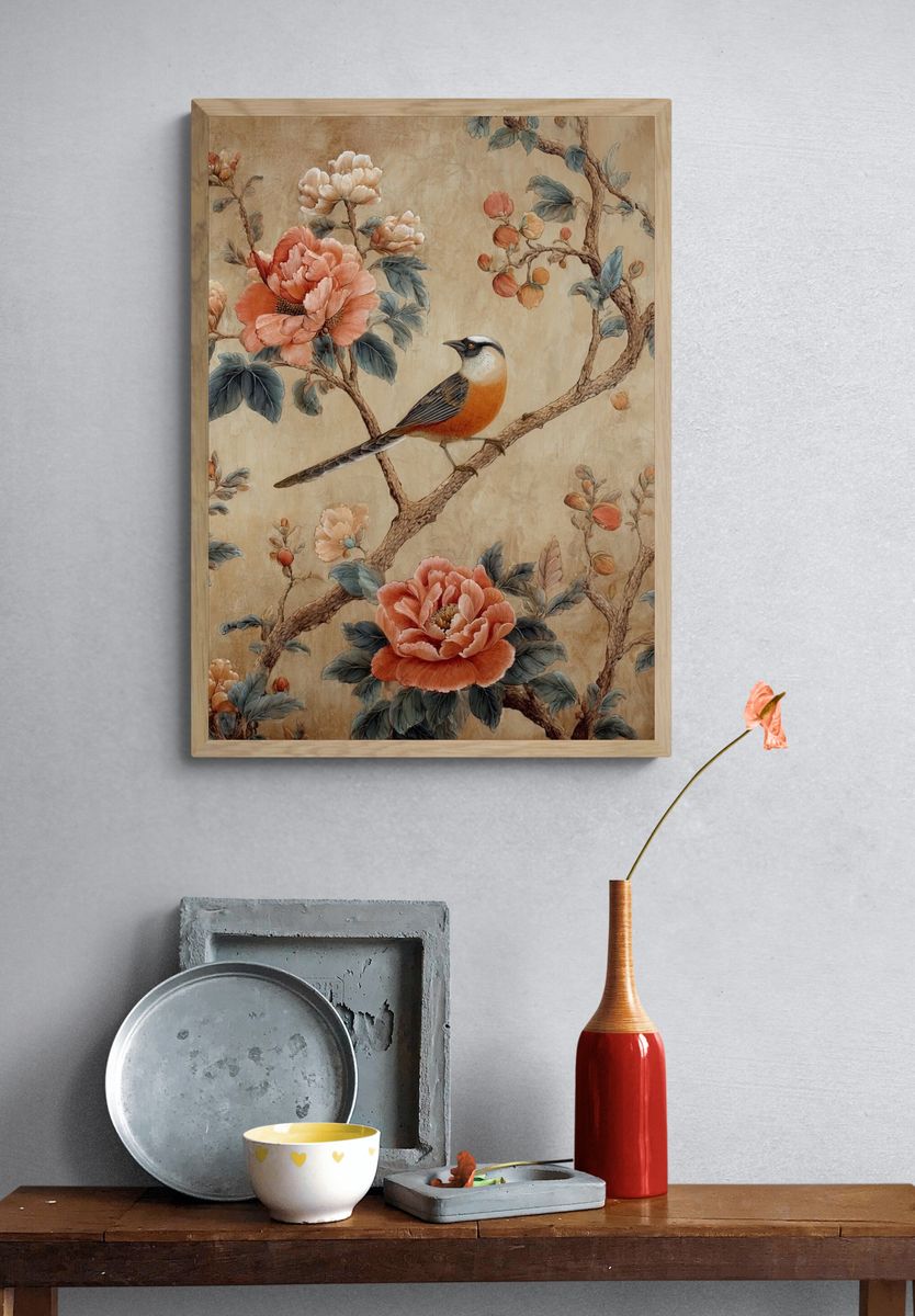 Bird and Peonies Botanical Print. — room view 3