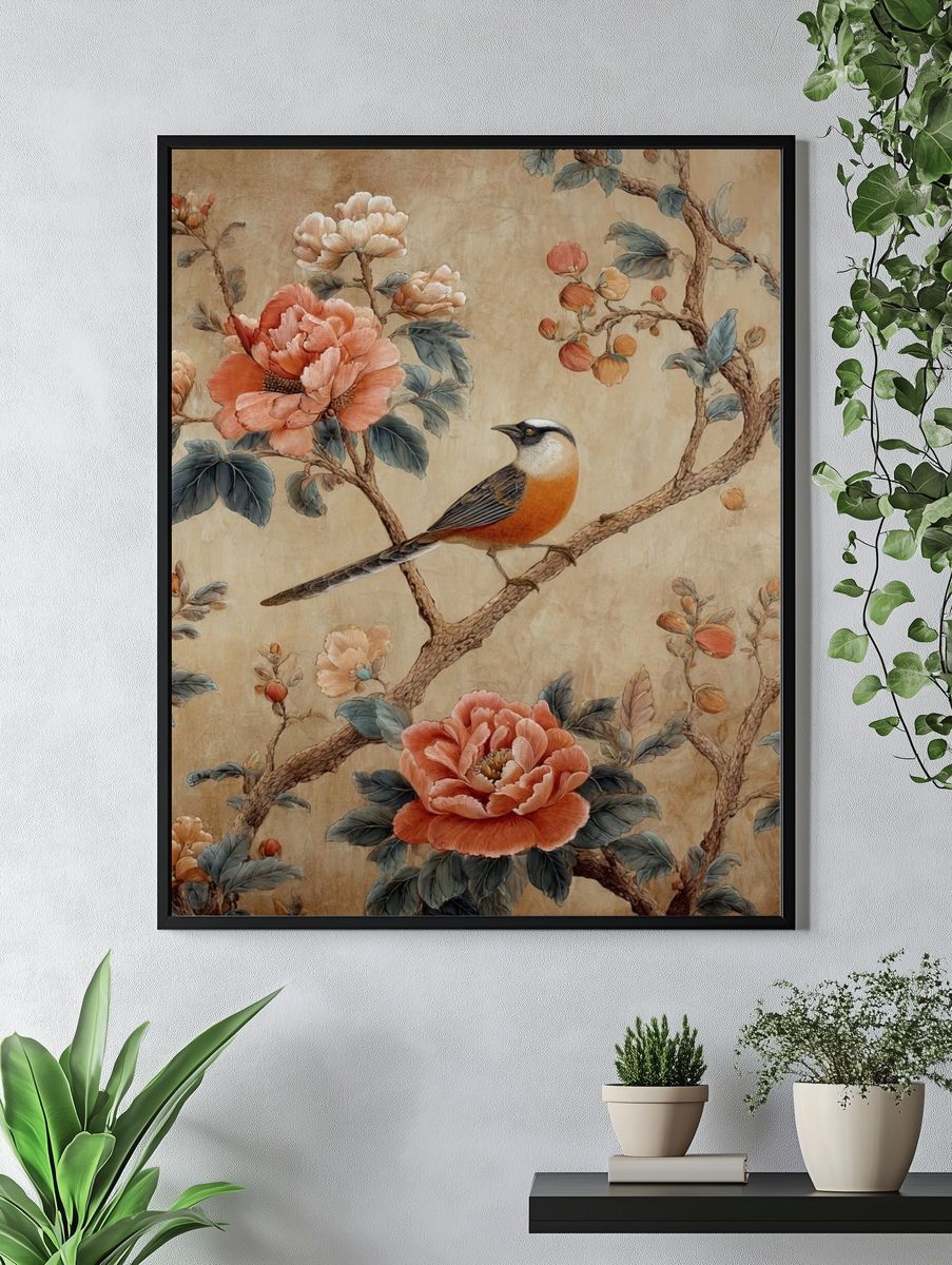 Bird and Peonies Botanical Print. — room view 4
