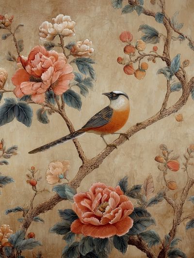 Bird and Peonies Botanical Print. poster
