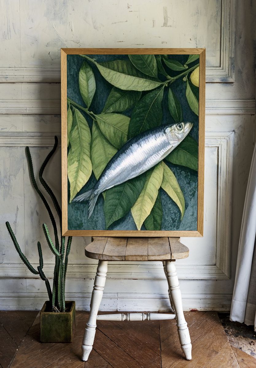 Silver Fish and Leaves Botanical Print. — room view 1